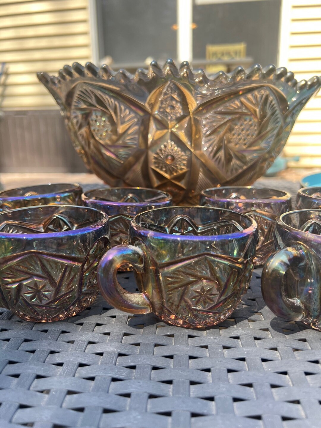 Imperial Glass Punch Bowl With 7 Cups Smoke or Peacock Colored Carnival