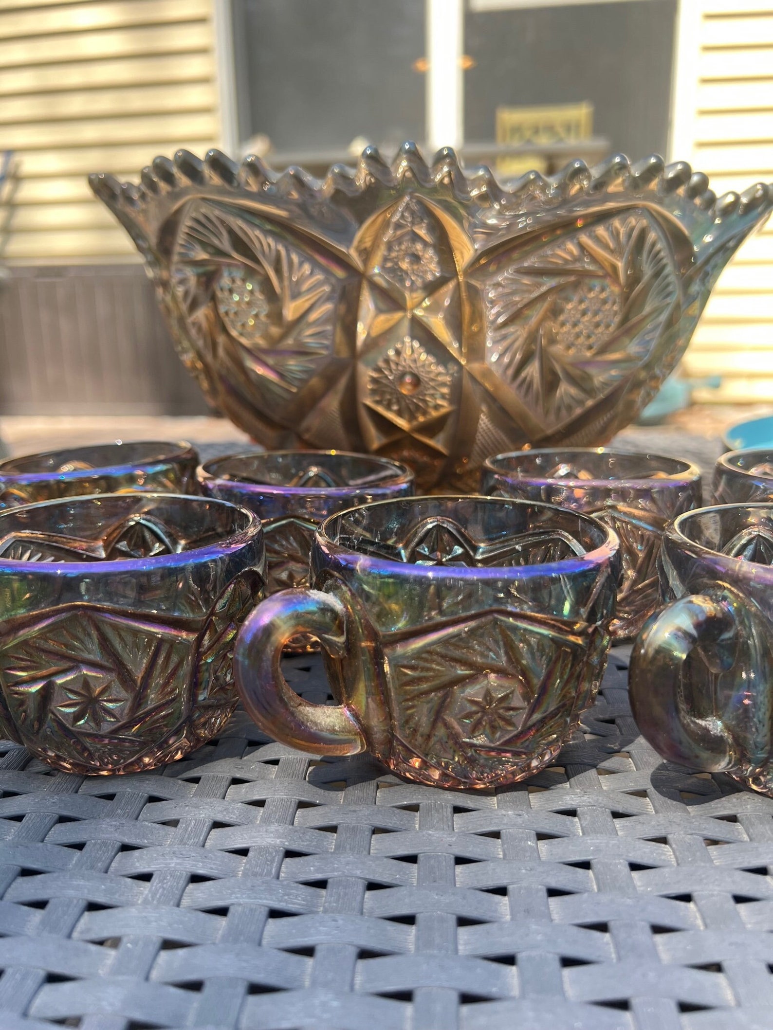 Imperial Glass Punch Bowl With 7 Cups Smoke or Peacock Colored Carnival