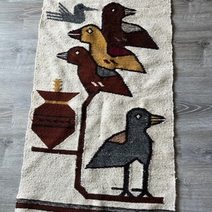 Hand loomed Persian pigeon rug / wall hanging. Possible Navajo vibe. Boho. Birds. Cream and browns