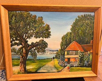 Charming Bucolic original oil painting, cottage, trees, lake,  signed P. Govrion 5/7/53, framed