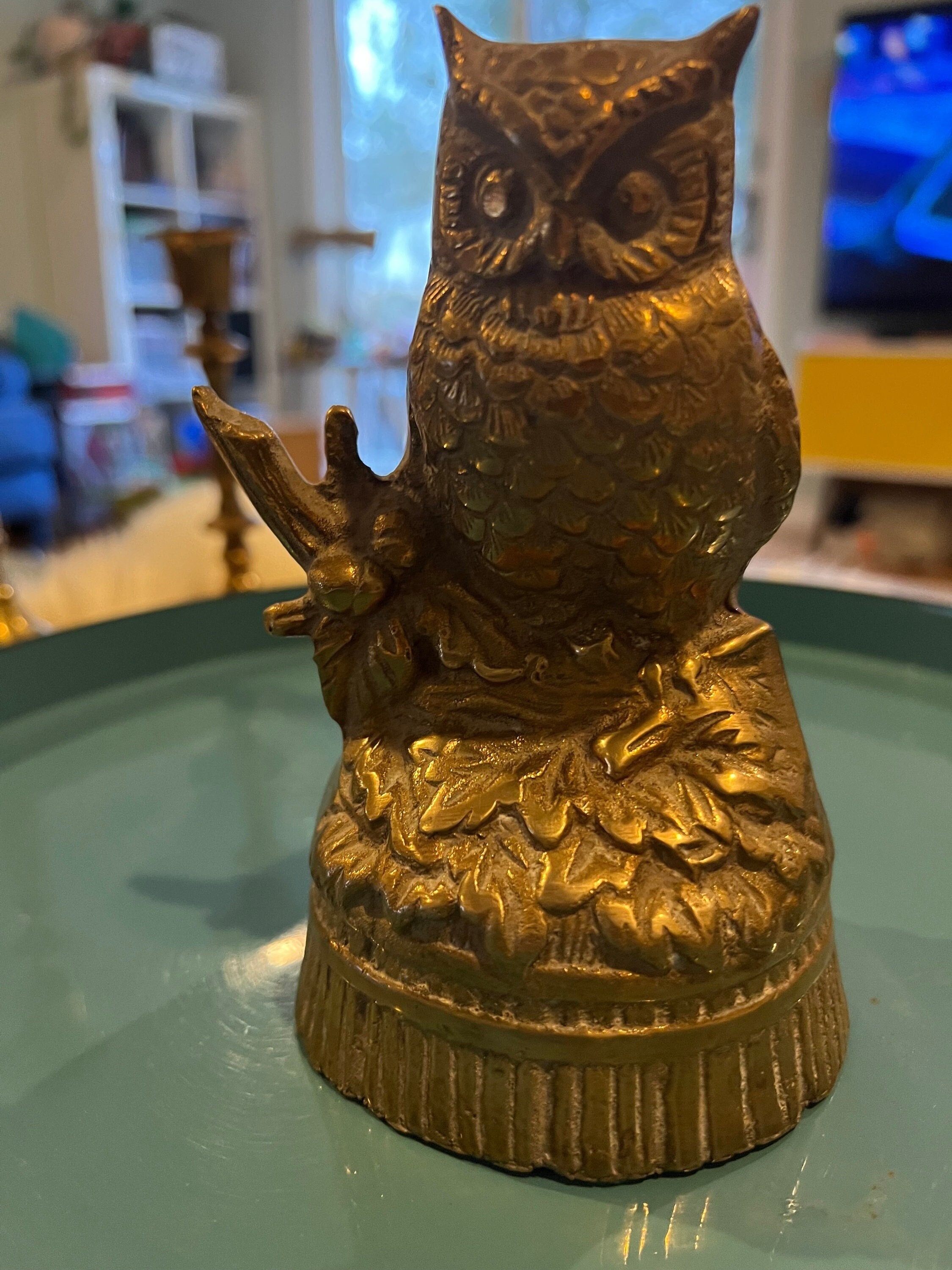Handsome Brass Owls on leaves and branch