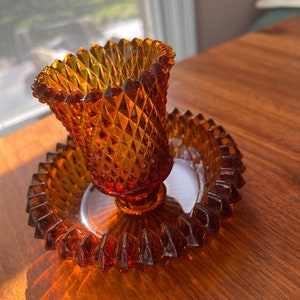 Indiana glass diamond point amber 2 piece glass candle holder and votive cup. Vintage