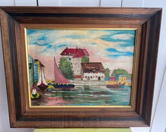 Scenic sailboats and cottages. Oil or acrylic paint. Original painting by Daryl Manichetti. Vintage. One of a kind.