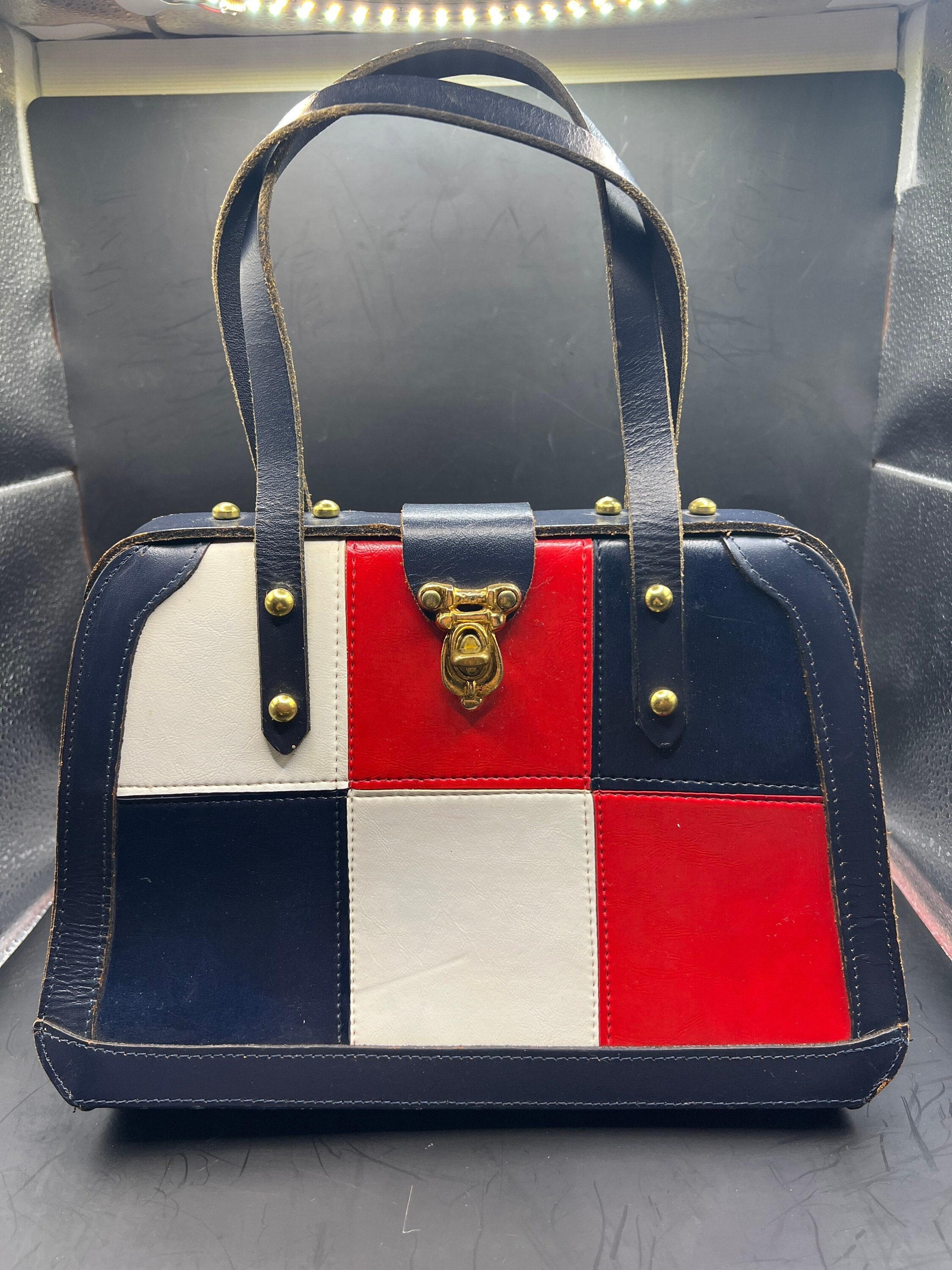 Red. White. and Blue Frame Purse Leather Mondrian Look Made by