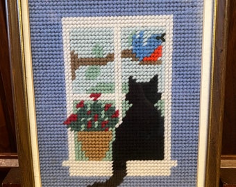 Bright fun needlepoint Cat at the window, framed in glass, vintage