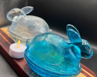 Wilkerson Glass Aqua and light Blue  Bunny Rabbit On Basket Nest