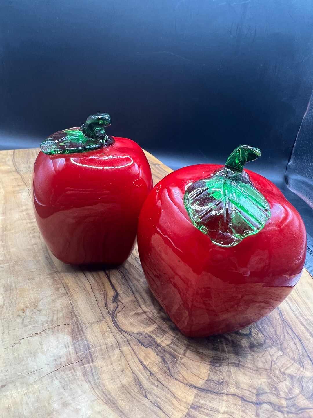 Murano Style Glass Apples, Ruby Red With Green Stems. Art Glass, Blown ...