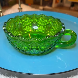 L. E. Smith Quintec Hobstar Heritage Green Glass Nappy Nut Bowl/Candy Dish