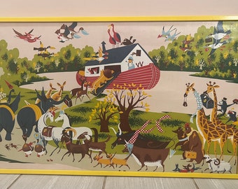 Framed yellow fabric panel. Noahs arc. Nursery. Mcm Graphic. Colorful mid century style animals. Charley Harper style art. Extra large 3feet