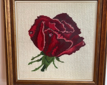 Glass Framed Vintage Needlepoint beautiful rose with cream background