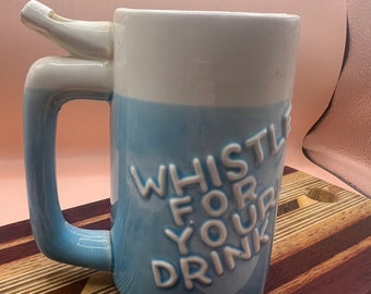 Whistle for your drink porcelain mug. Light Blue and white. Funny gift. Father’s Day mug. Whistle on handle.