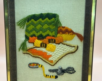 Embroidery/ Tape Measure- Vintage Framed Crewel Work Framed Embroidered Artwork