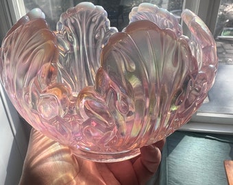 Fenton pink opalescent rose bowl. Stamped Fenton. Empress lotus leaf rose bowl / candle bowl. 6.5” wide.