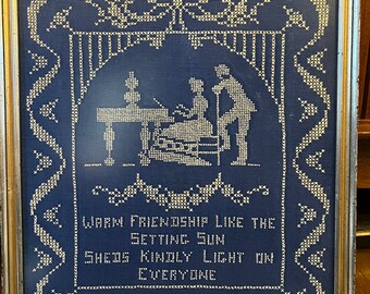 Framed Vintage crewel embroidery , needlepoint, cross stitch, framed with glass.  "Warm friendship like the setting sun sheds kindly light”
