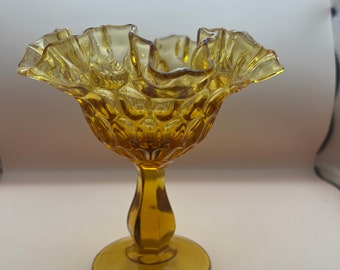 Fenton Thumbprint Amber Candy dish, compote, pedestal bowl. honey gold amber, colonial amber. Ruffled  edge.