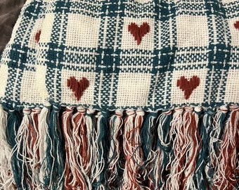 Lap Blanket- checkerboard gingham heart blanket with 7" fringe. Nursery. Farmhouse. Country style. Granny core