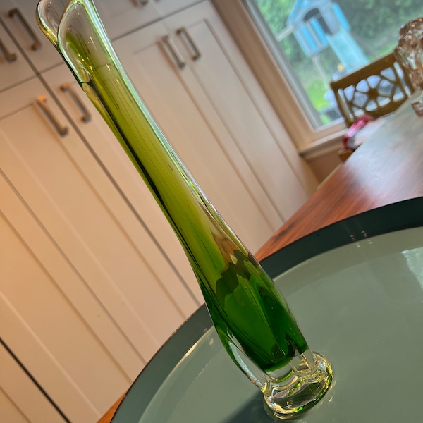 Swung Vase, bud vase, green glass cased with clear glass.  stretch vase rare