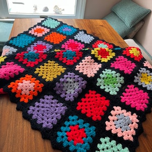 Granny Square black bright colorful vintage afghan / lap blanket/ throw.