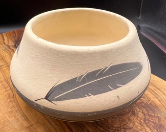Native American Clay Feather Pot planter  boho eclectic signed GUY 2 FEATHER Desert Pueblo Pottery Seed Pot Bowl