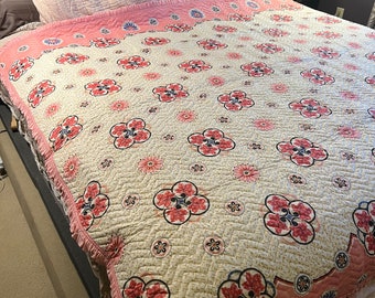 Full/ Queen size coverlet vintage quilted bedspread pink ruffle trim 1950-60 pink medallion Japanese look perfect condition bedspread quilt