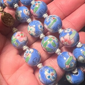 Vintage oriental Asian cloisonné enamel hand beaded hand knitted necklace. 27 long 12mm beads. Blue beads pink and blue flowers image 7