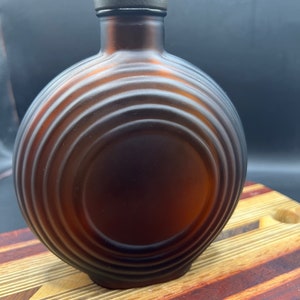 Brown, dark amber satin glass flask, round, circular with cap / stopper.  made by Owens-Illinois Glass Company. RARE