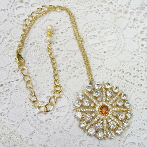 OOAK Vintage Gold Clear/Citrine Color RHINESTONE Pendant Necklace - gold tone metal - adjustable necklace -bridal  - BRIDESMAID gift - Large