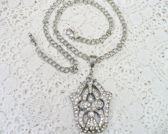 OOAK Vintage Repurposed Abstract RHINESTONE Brooch Pendant - silver tone chain - adjustable necklace - bridal Wedding - Designer piece- gift