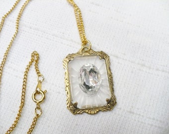 bronze tone frame setting bronzegold tone metal OUTSTANDING Vintage PINK Camphor Glass Pink Rhinestone Pendant Necklace snake chain