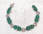 Vintage STUNNING Green Lucite Flower and Rhinestone Art Deco Bracelet in Silver Tone Metal- bridal wedding piece -irish wedding gift- GREEN