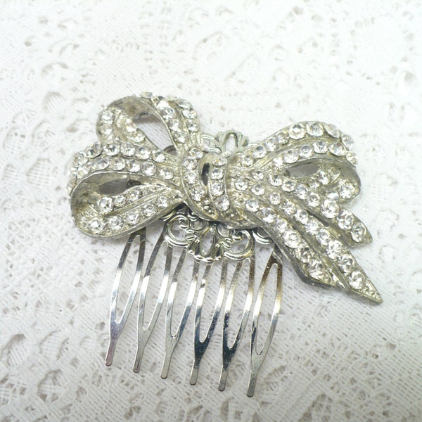 Vintage Art Deco RHINESTONE Bow Motif Hair Comb - Vintage WEDDING - Vintage Bridal - GATSBY Bridal - silver tone pot metal - 1920s Heirloom