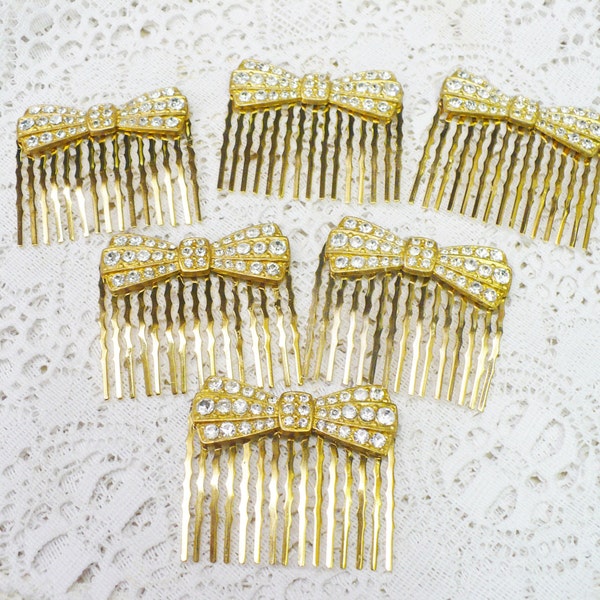 Vintage RHINESTONE Bow Motif Gold Hair Combs - Bridesmaid gifts - gold tone metal - small/petite bows  rhinestone bow motif - gift- ONE (1)