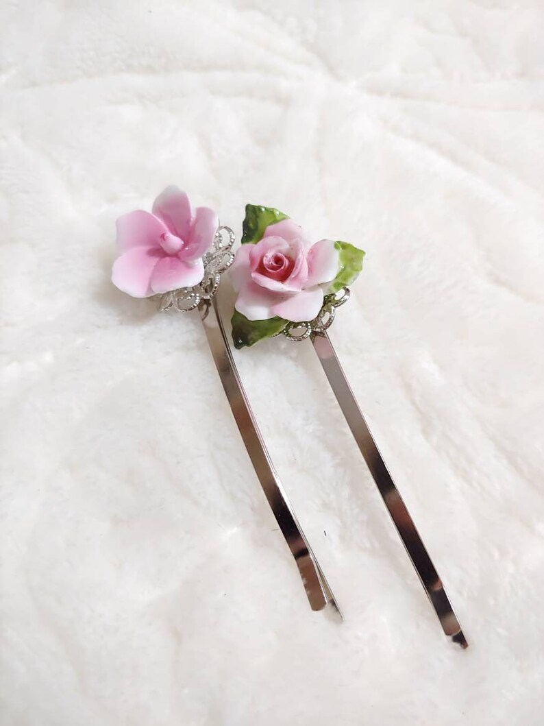 PAIR of vintage pink floral ceramic bobby pins-silver tone metal-repurposed vintage-wedding hair pins-set of 2-spring summer wedding hair