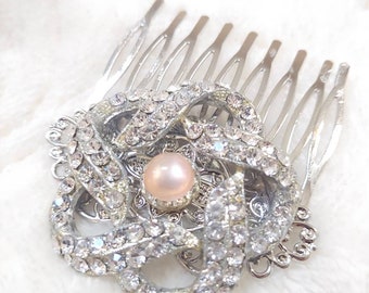 OOAK Vintage Authentic Art Deco Rhinestone Hair Comb - silver tone metal - Bridal -gift- WEDDING - Formal 1920s Pink Moon glow center stone