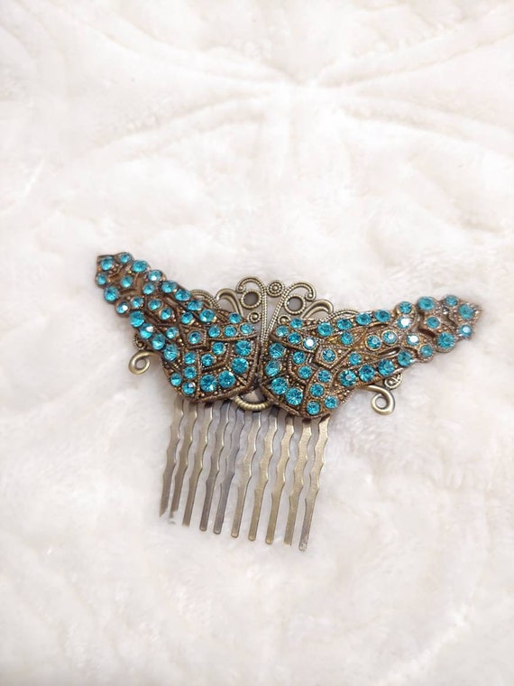 Authentic Vintage 1920s BLUE Art Deco RHINESTONE Hair Comb 