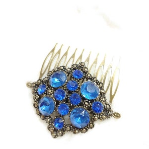 Vintage Stunning Authentic 1920s BLUE Rhinestone Art Deco Hair Comb gold gilt pot metal-GATSBY-1920s bridal-bridesmaid-something blue bride image 1