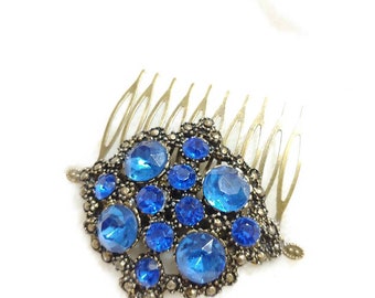 Vintage Stunning Authentic 1920s BLUE Rhinestone Art Deco Hair Comb -gold gilt pot metal-GATSBY-1920s bridal-bridesmaid-something blue bride