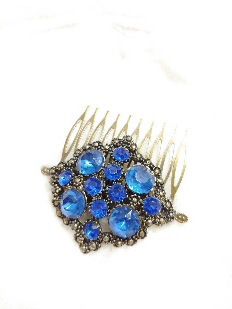 Vintage Stunning Authentic 1920s BLUE Rhinestone Art Deco Hair Comb gold gilt pot metal-GATSBY-1920s bridal-bridesmaid-something blue bride image 1