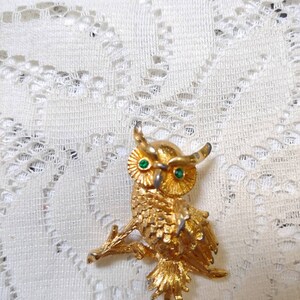 Vintage Gold OWL Brooch with Green Rhinestone Eyes Signed by MONET-Gold tone metal-substantial-wildlife brooch-owl jewelry-owl collector image 2