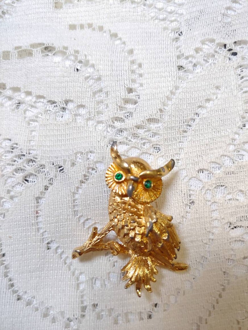 Vintage Gold OWL Brooch with Green Rhinestone Eyes Signed by MONET-Gold tone metal-substantial-wildlife brooch-owl jewelry-owl collector image 2
