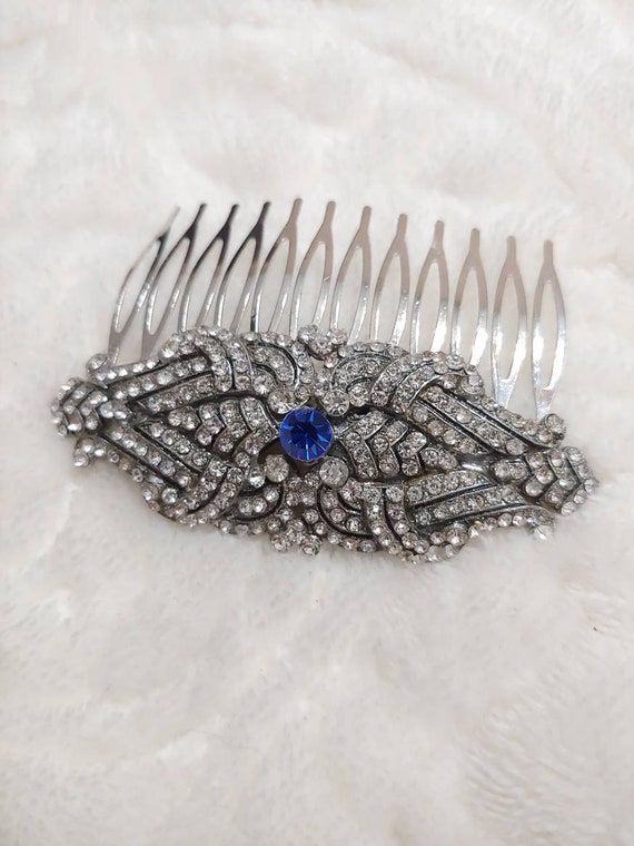 Antique Blue Rhinestone Black Hair Comb Antique Celluloid Cobalt Blue Rhinestone Studded Hair Comb  main image 3