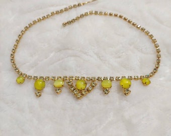 Vintage YELLOW/greenish hint Rhinestone Choker necklace-gold tone metal-hook closure-spring summer wedding-sunshine-petite necklace-formal