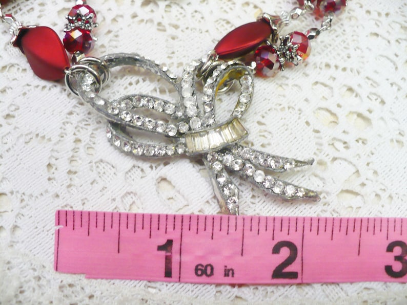 OOAK Vintage Authentic 1920s Rhinestone Art Deco PendantRed BeadedCrystal 2 Strand Necklace-silver tone-adjustable-GATSBY Bride-Bridesmaid