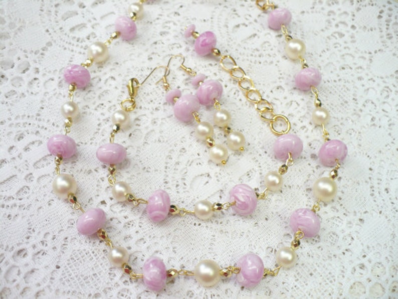 WEDDING- Bridesmaid Adjustable Pierced dangle gold tone OOAK Vintage Lavender BeadedIvory Matte PEARL NecklaceEarringsBracelet Set