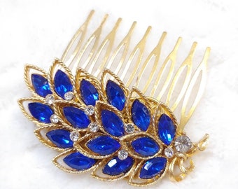 Vintage RHINESTONE Hair Comb -repurposed gold tone metal - floral motif design-BRIDAL-BLUE/clear rhinestones- gold tone comb-something blue