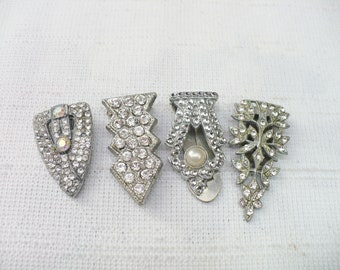 STUNNING Set of 4 Vintage Authentic Art Deco Rhinestone and Marcasite Dress clips - silver tone metal - set of 4 - gatsby wedding-bouquet