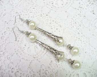 OOAK Vintage White Faux PEARL Dangle Earrings - vintage WEDDING - Silver tone cones - vintage Bridal - Statement Earrings - Huge Dangles