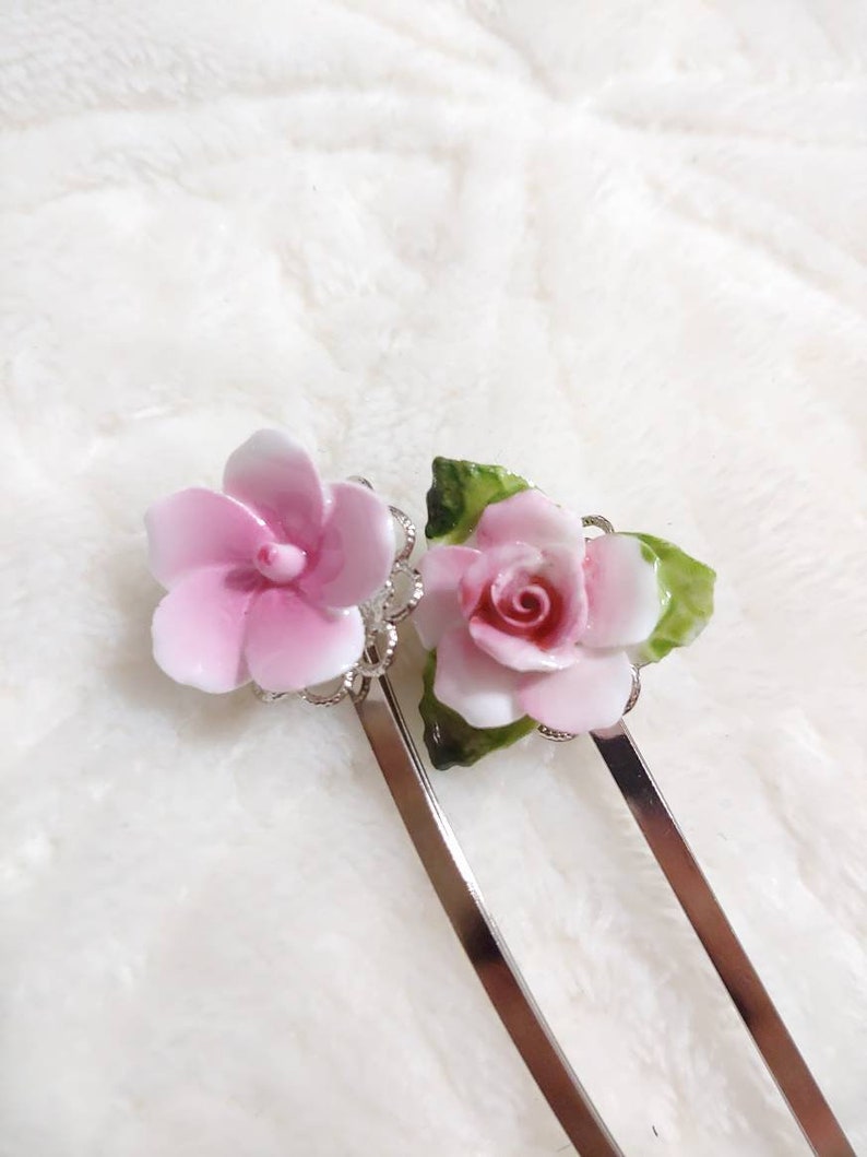 PAIR of vintage pink floral ceramic bobby pins-silver tone metal-repurposed vintage-wedding hair pins-set of 2-spring summer wedding hair