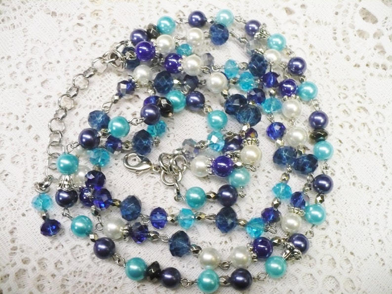 adjustable necklace Blue -AQUA OOAK Handmade 3 Strand PearlCrystal Necklace Bridesmaid- Something blue SILVER tone metal bridal