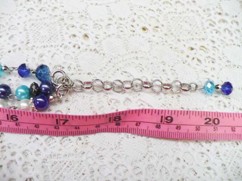 adjustable necklace Blue -AQUA OOAK Handmade 3 Strand PearlCrystal Necklace Bridesmaid- Something blue SILVER tone metal bridal